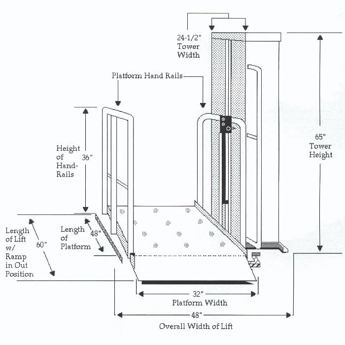 Technical drawing showing lift dimensions and clearances